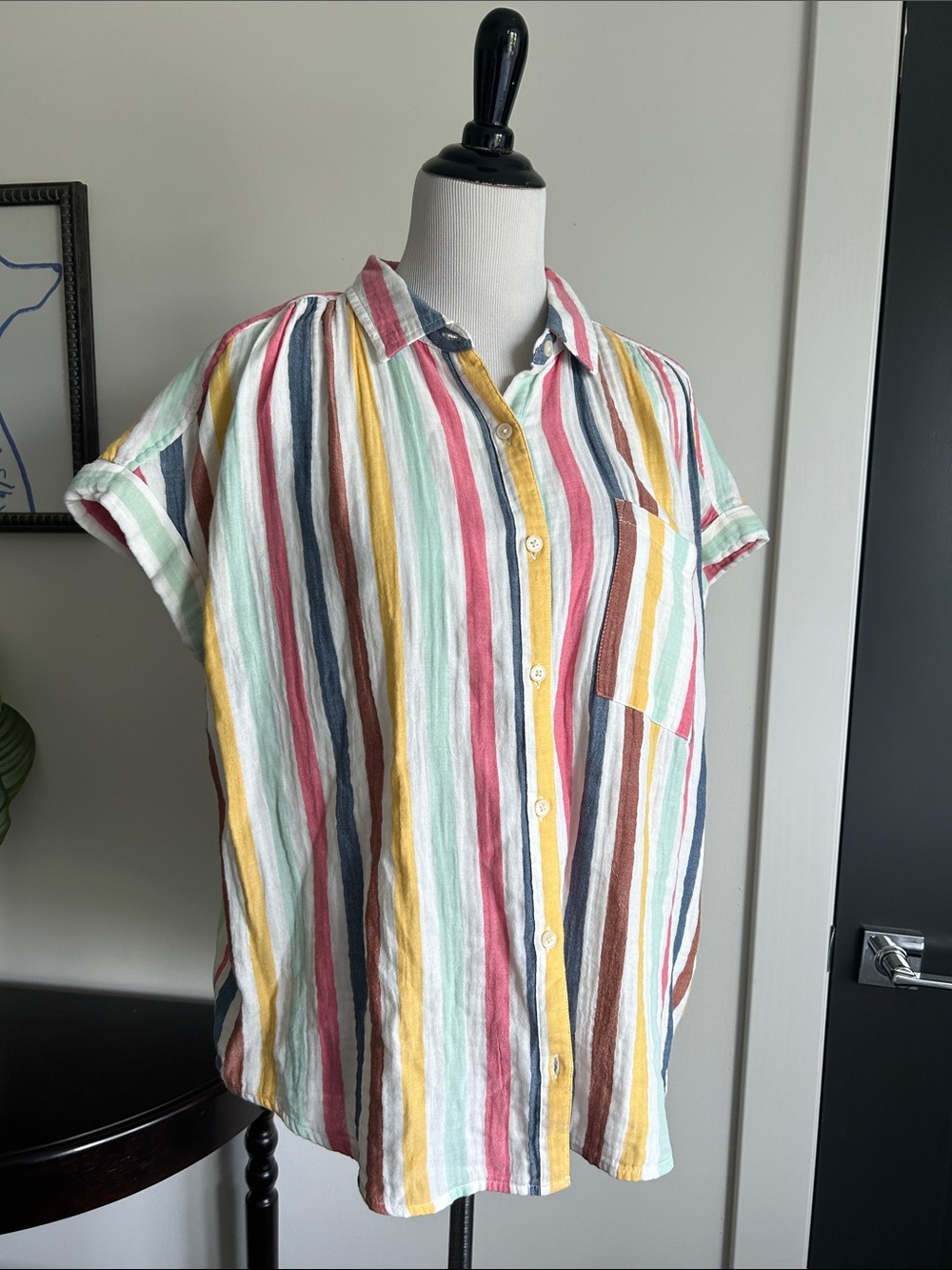 🌼🌸Style & Co L boxy fit pastel Multicolor Vertical Stripe Button-Up Shirt